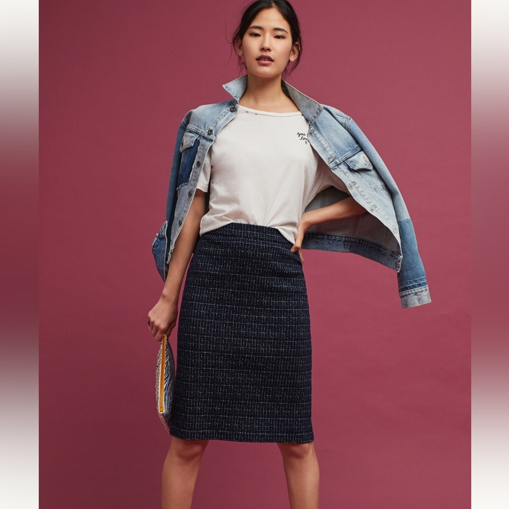 Anthro Maeve Stretch Knit Pencil Skirt Sz medium blue hatch textured back zip